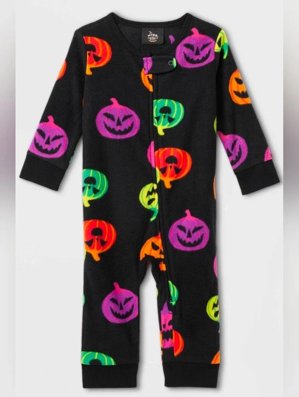 Hyde & Eek! Kids Halloween Neon Pumpkin On Black One-Piece Sleeper Pajamas